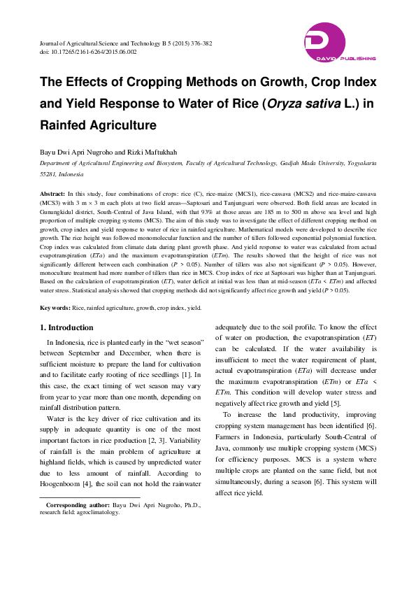 (PDF) The Effects of Cropping Methods on Growth, Crop Index and Yield ...