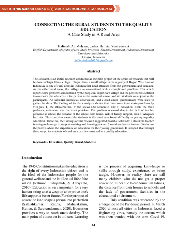 (PDF) CONNECTING THE RURAL STUDENTS TO THE QUALITY EDUCATION A Case ...