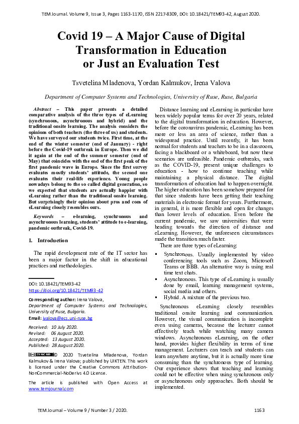 (PDF) Covid 19 – A Major Cause of Digital Transformation in Education ...