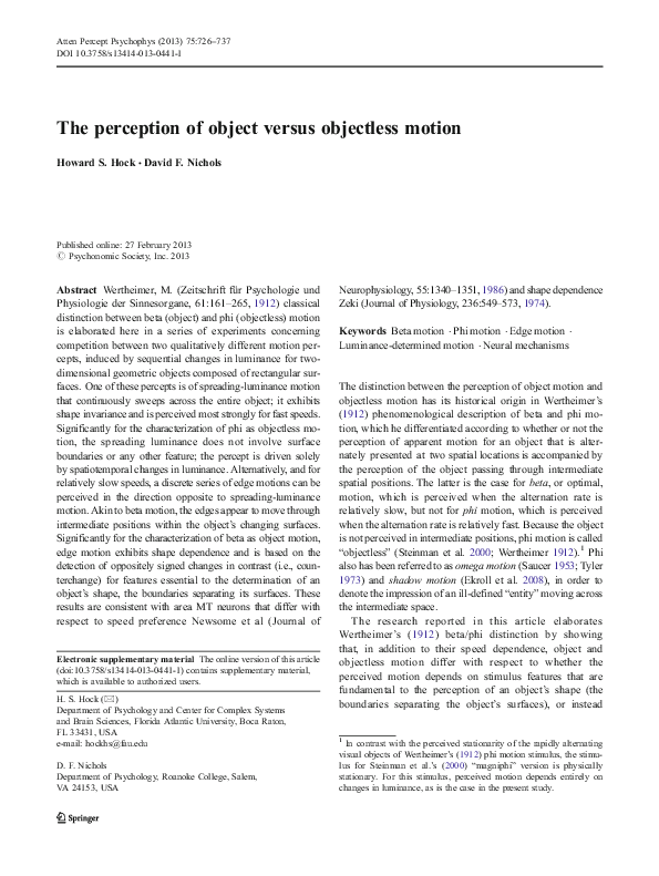 (PDF) The perception of object versus objectless motion