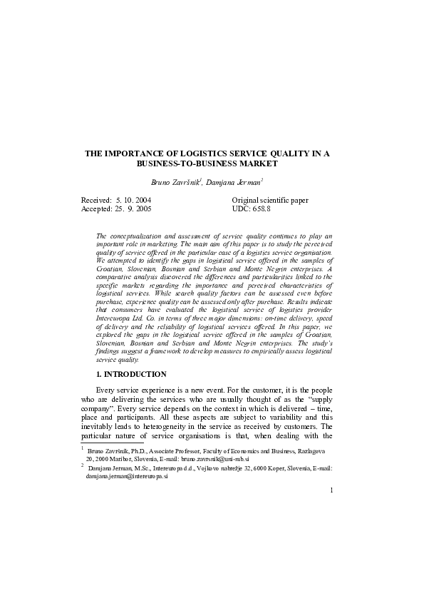 (DOC) The importance of logistics service quality in a business-to ...
