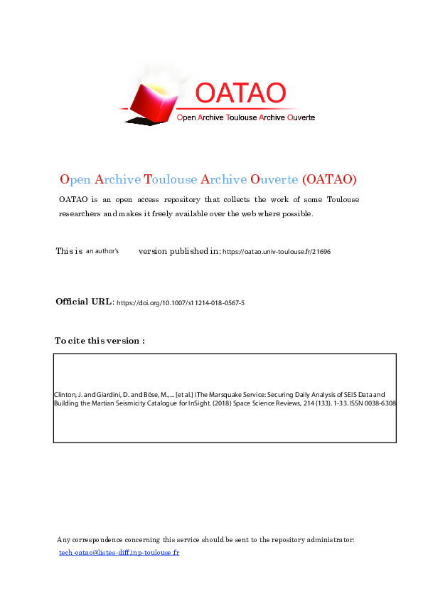 (PDF) The Marsquake Service: Securing Daily Analysis of SEIS Data and ...