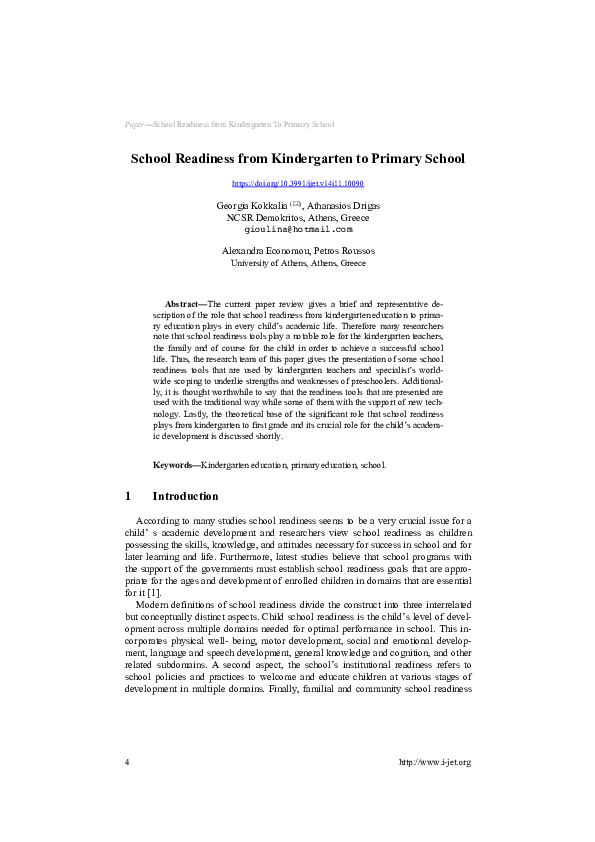 (PDF) School Readiness From Kindergarten to Primary School