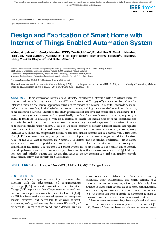 (PDF) Design and Fabrication of Smart Home with Internet of Things ...