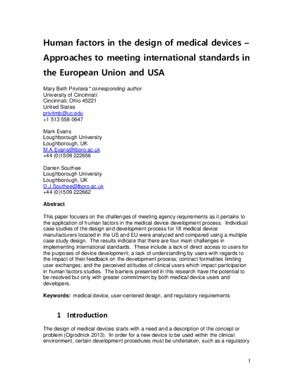 (PDF) Human factors in the design of medical devices – Approaches to ...
