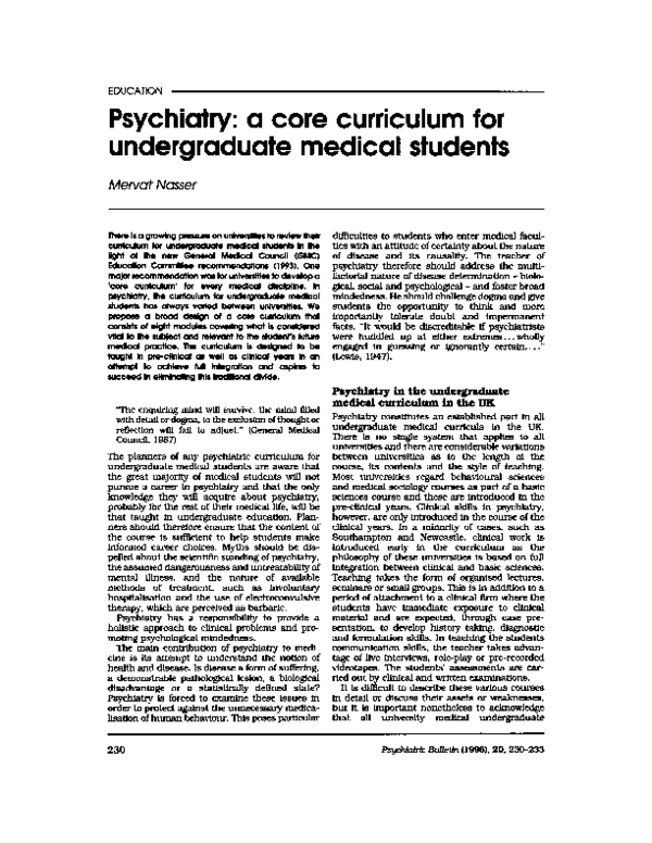 (PDF) Psychiatry a core curriculum for undergraduate medical students