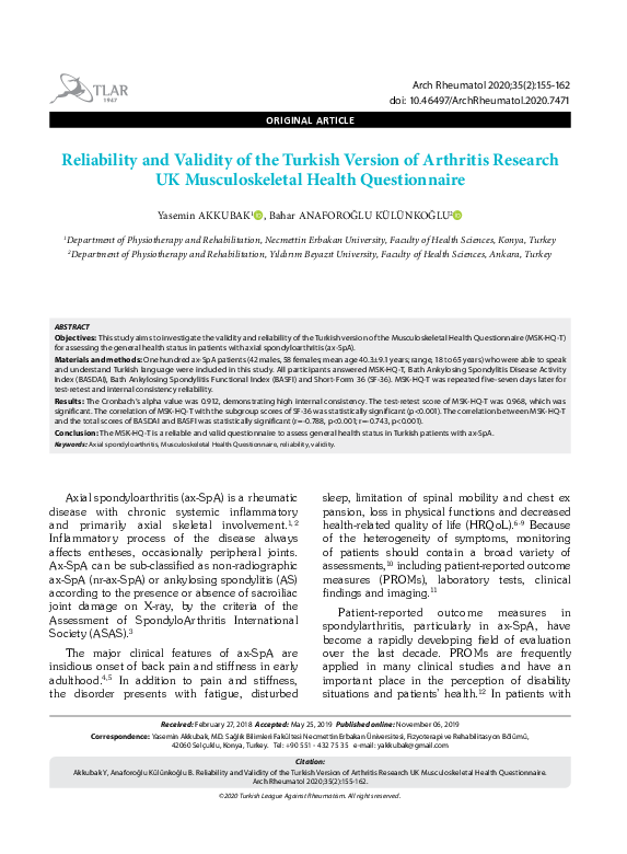 (PDF) Reliability and validity of the Turkish Version of Arthritis