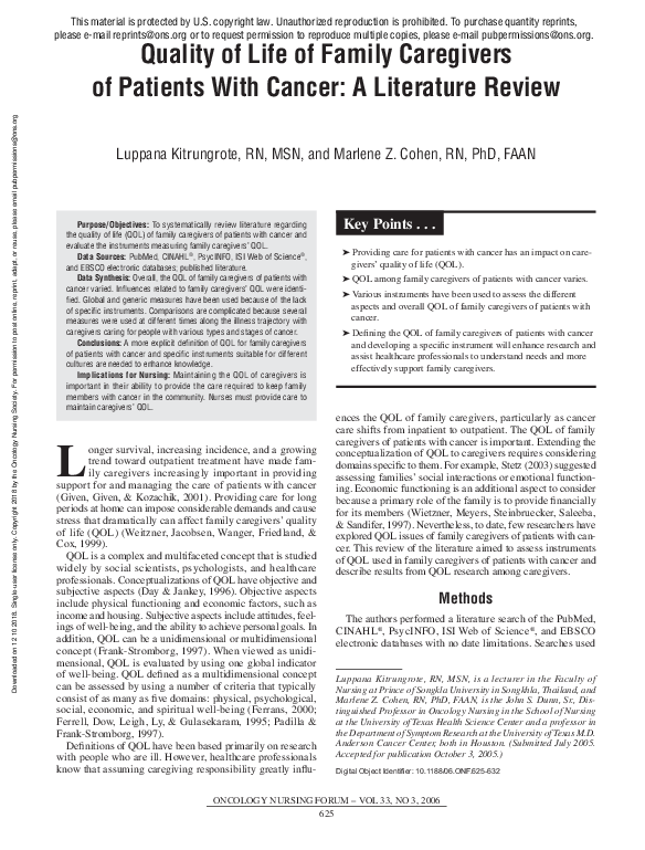 (PDF) Quality of Life of Family Caregivers of Patients With Cancer: A ...