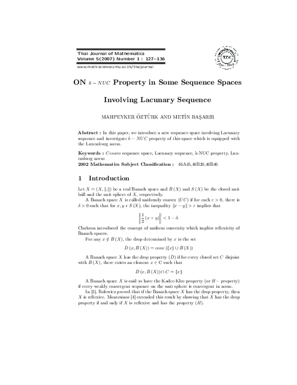 (PDF) ON k − NUC Property in Some Sequence Spaces Involving Lacunary ...
