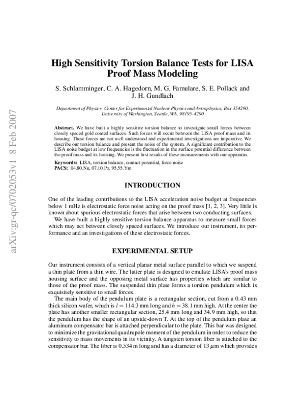 (PDF) High Sensitivity Torsion Balance Tests for LISA Proof Mass Modeling