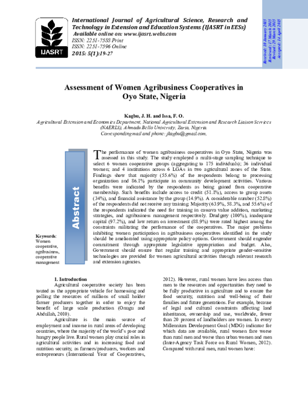 (PDF) Assessment of Women Agribusiness Cooperatives in Oyo State, Nigeria