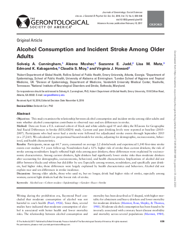 (PDF) Alcohol Consumption and Incident Stroke Among Older Adults