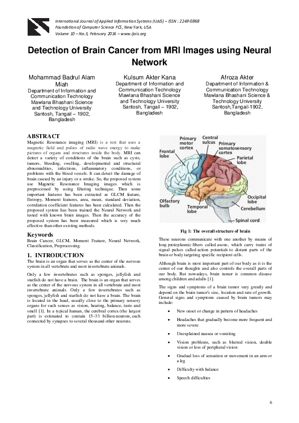 (PDF) Detection of Brain Cancer from MRI Images using Neural Network