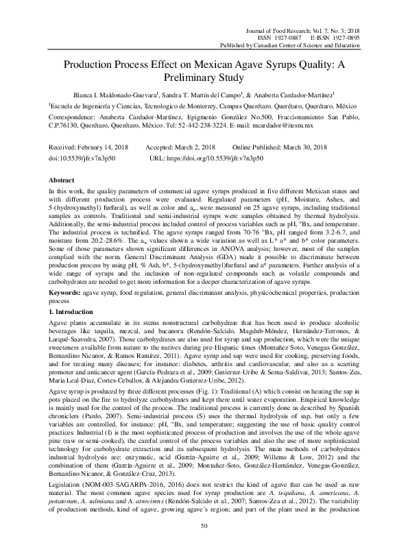 (PDF) Production Process Effect on Mexican Agave Syrups Quality: A ...