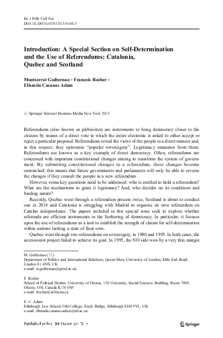 Introduction: A Special Section on Self-Determination and the Use of Referendums: Catalonia, Quebec and Scotland