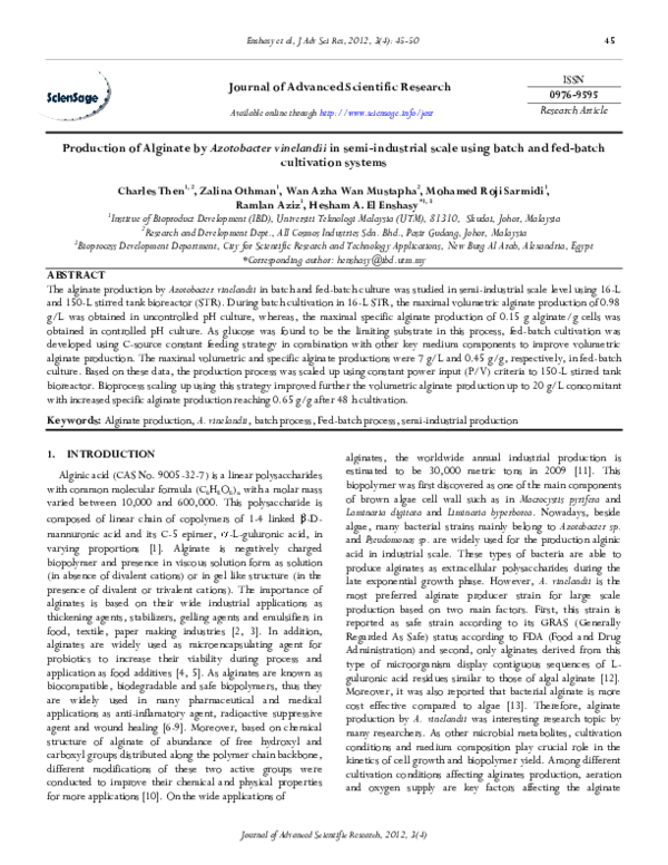 (PDF) Production of alginate by Azotobacter vinelandii in semi ...