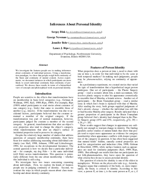 (PDF) Inferences About Personal Identity