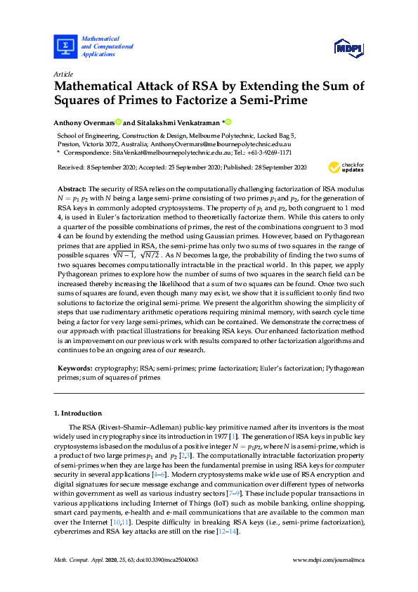 (PDF) Mathematical Attack of RSA by Extending the Sum of Squares of ...
