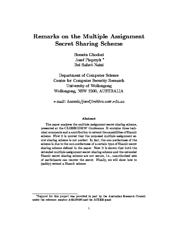 (PDF) Remarks on the multiple assignment secret sharing scheme