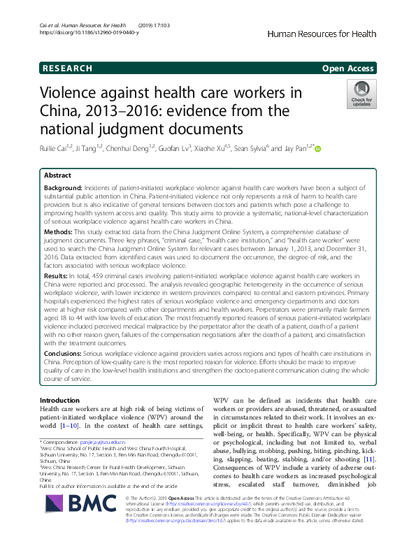 (PDF) Violence against health care workers in China, 2013–2016 ...