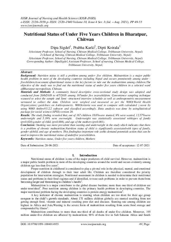 (PDF) Nutritional Status of Under Five Years Children in Bharatpur, Chitwan
