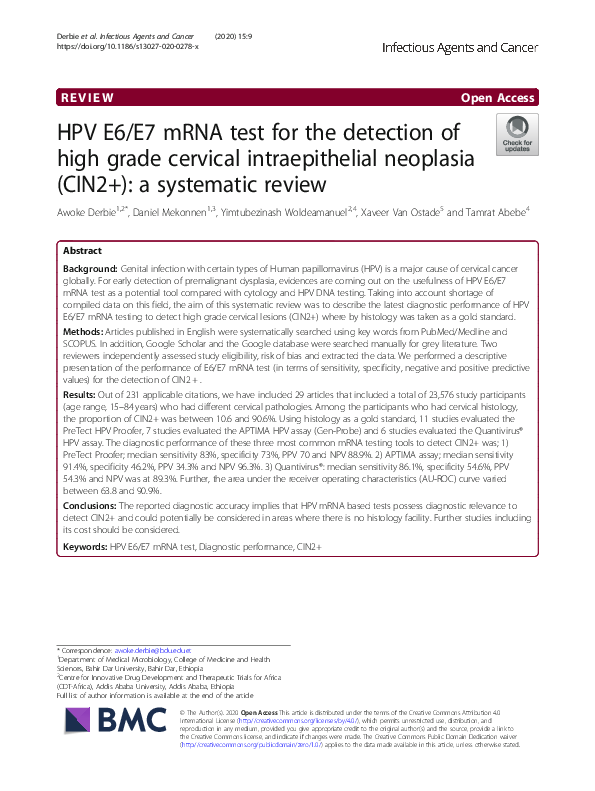 (PDF) HPV E6/E7 mRNA test for the detection of high grade cervical ...