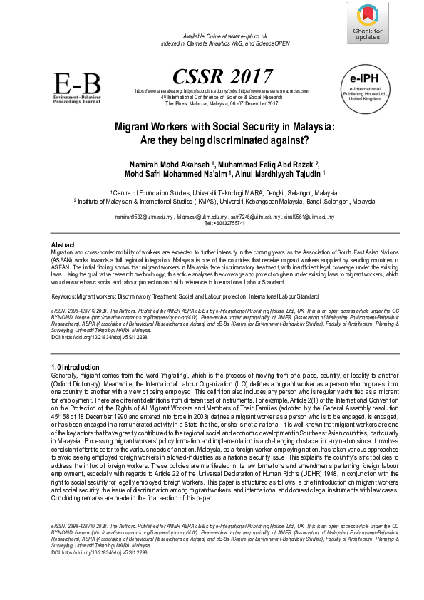 (PDF) Migrant Workers with Social Security in Malaysia: Are they being ...