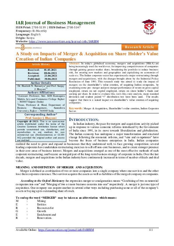 (PDF) A Study on Impacts of Merger & Acquisition on Share Holder