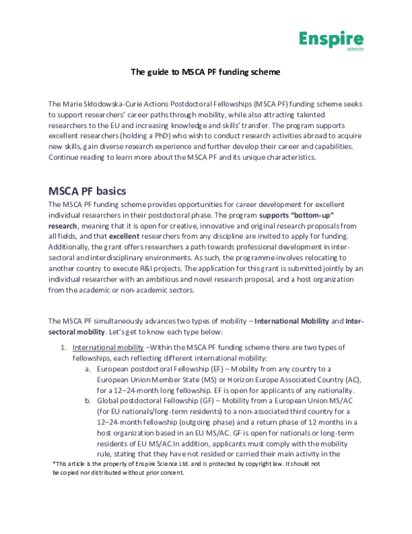 (PDF) The guide to MSCA PF funding scheme