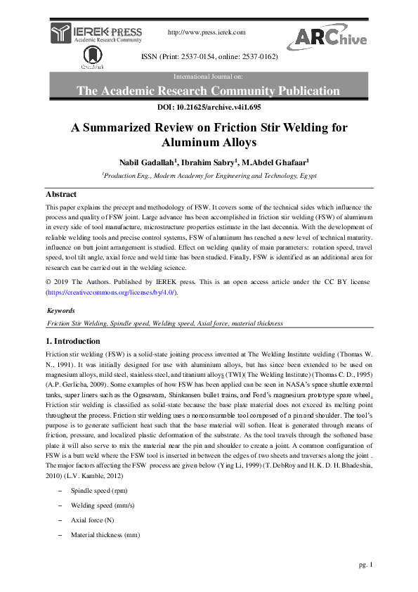 (PDF) A Summarized Review on Friction Stir Welding for Aluminum Alloys