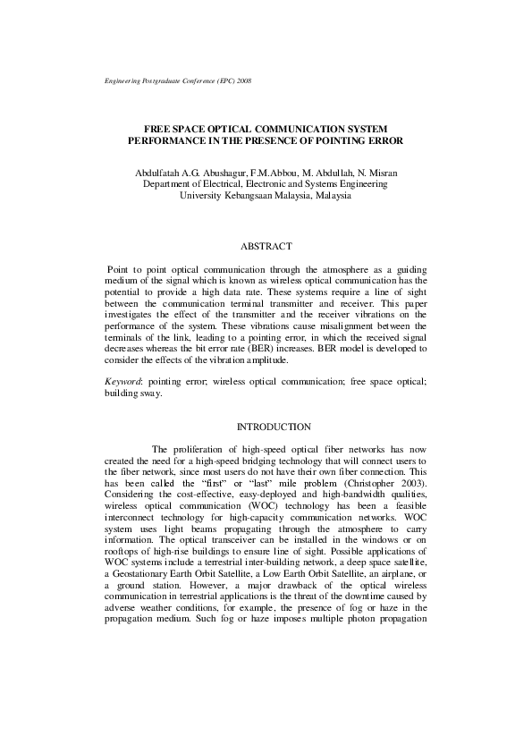 (PDF) Free Space Optical Communication System Performance in the ...