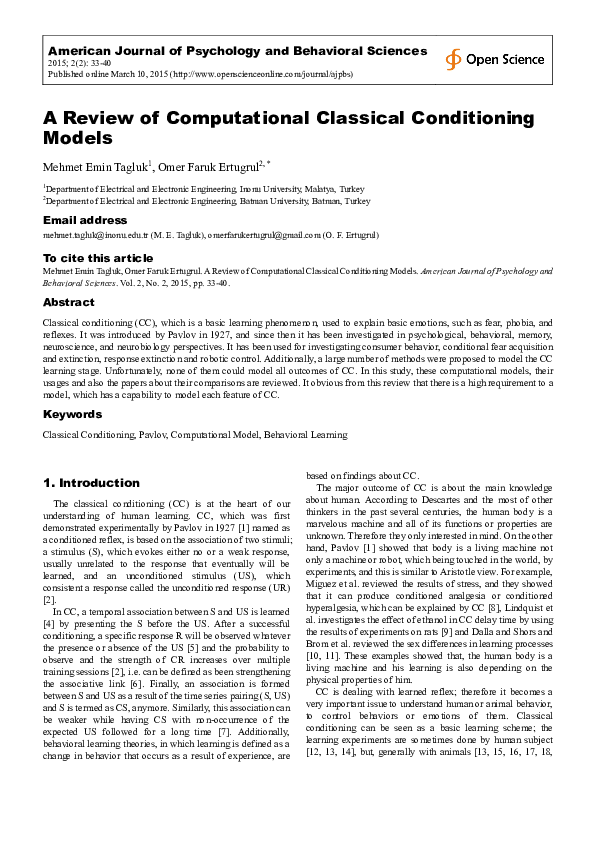 (PDF) A Review of Computational Classical Conditioning Models