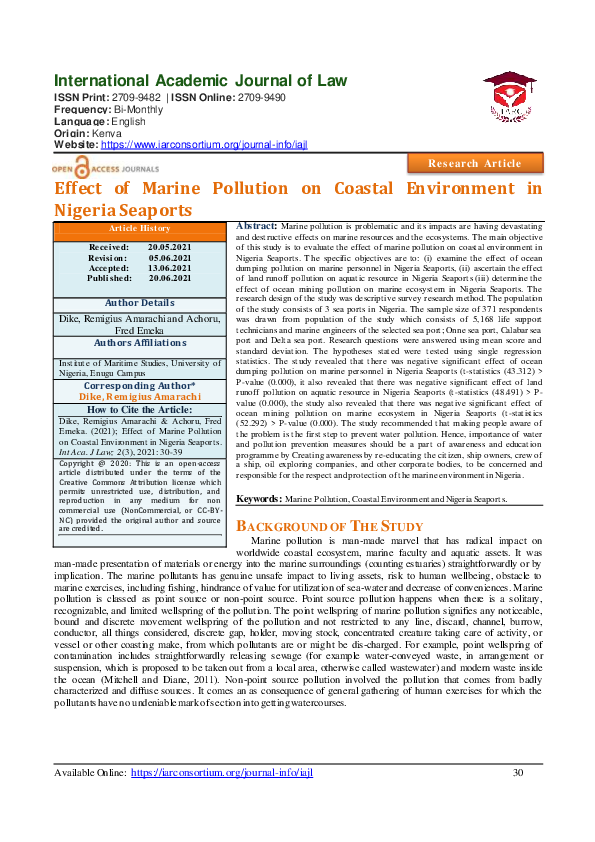 (PDF) Effect of Marine Pollution on Coastal Environment in Nigeria Seaports