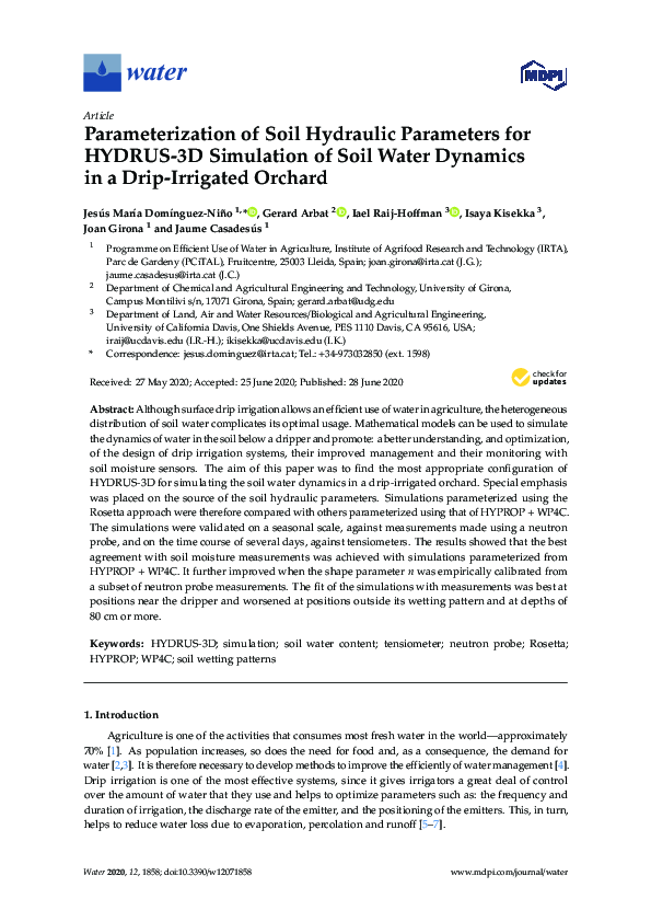(PDF) Parameterization of Soil Hydraulic Parameters for HYDRUS-3D ...