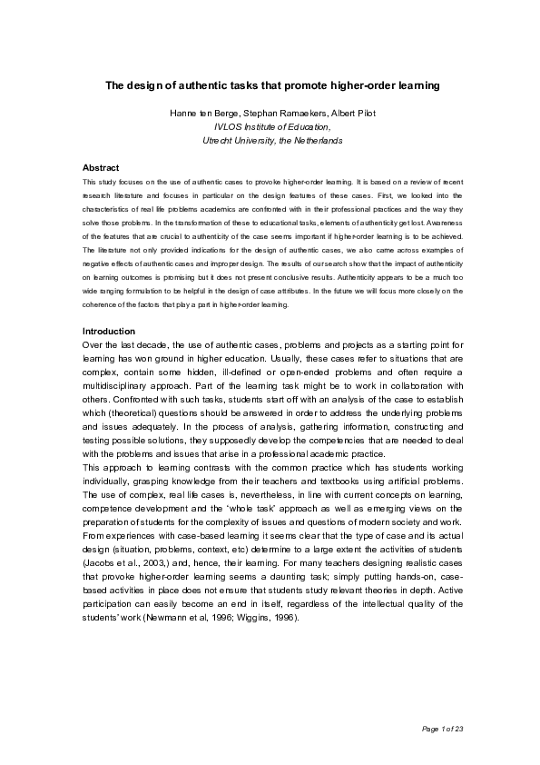 (PDF) The design of authentic tasks that promote higher-order learning