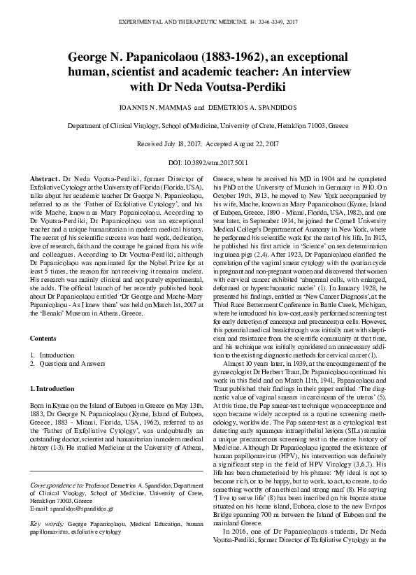 (PDF) George N. Papanicolaou (1883-1962), an exceptional human ...