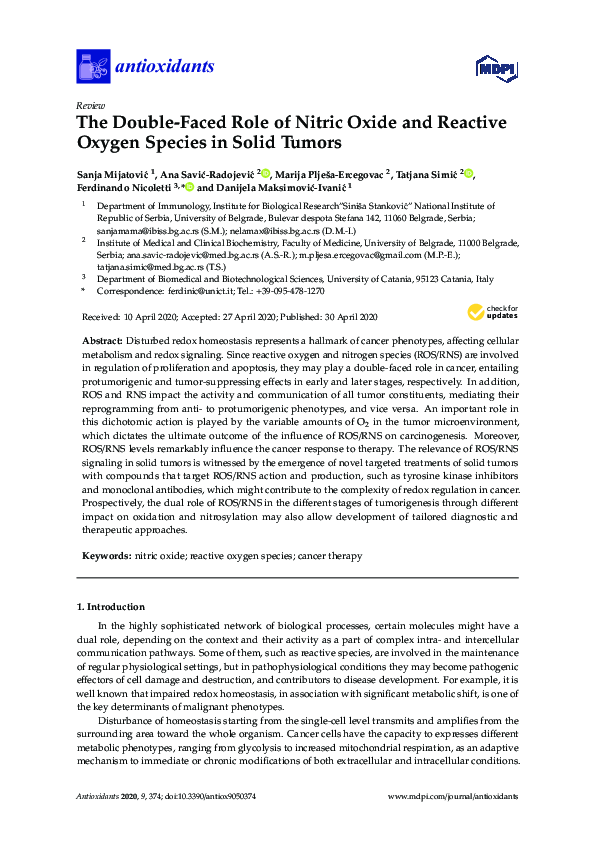 (PDF) The Double-Faced Role of Nitric Oxide and Reactive Oxygen Species ...