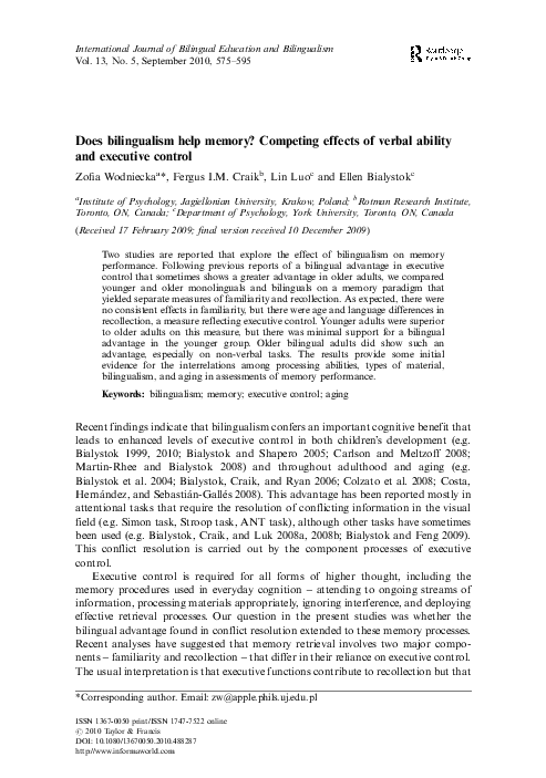 (PDF) Does bilingualism help memory? Competing effects of verbal ...