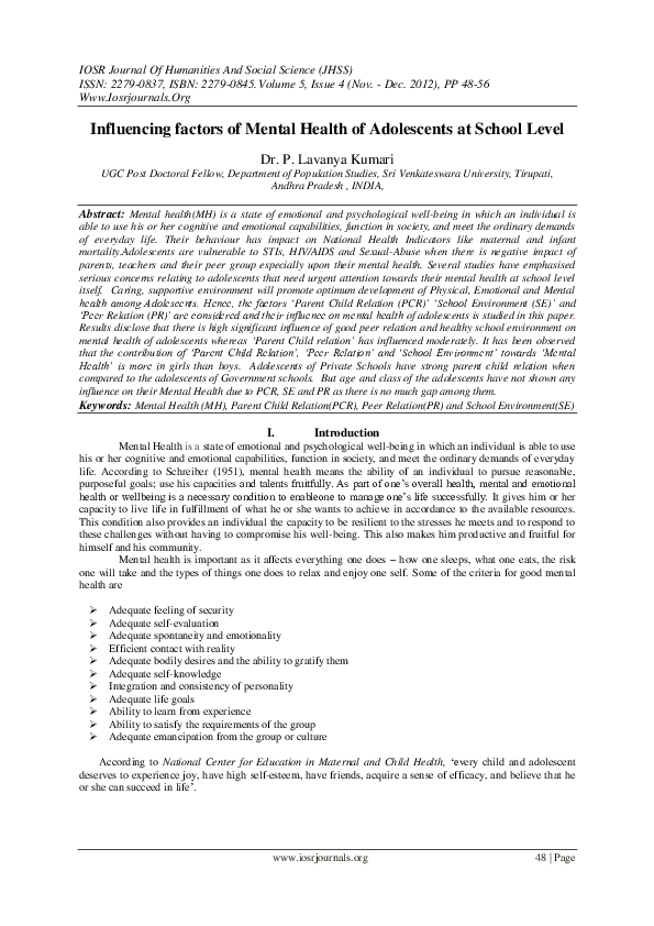 (PDF) Influencing factors of Mental Health of Adolescents at School Level