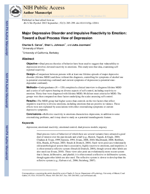 (PDF) Major depressive disorder and impulsive reactivity to emotion ...