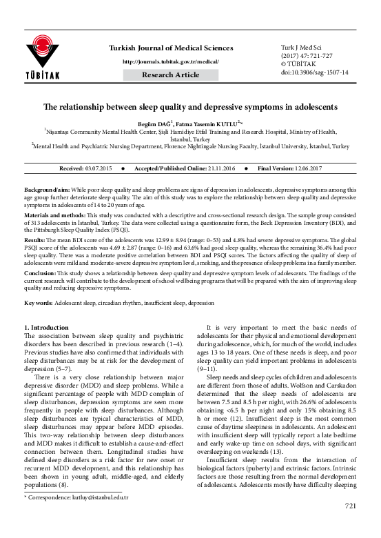 (PDF) The relationship between sleep quality and depressive symptoms in ...