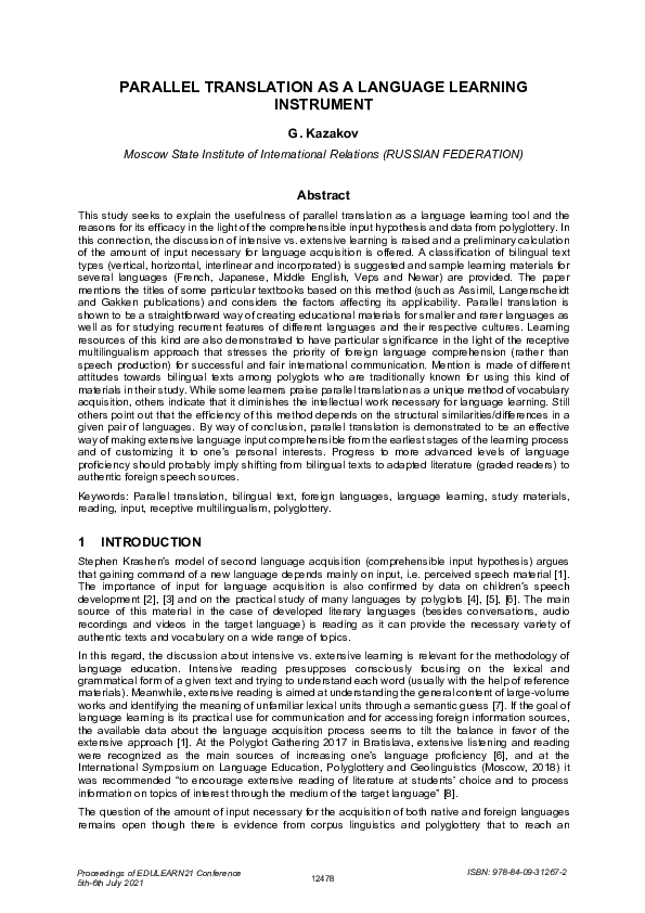 (PDF) Parallel translation as a language learning instrument