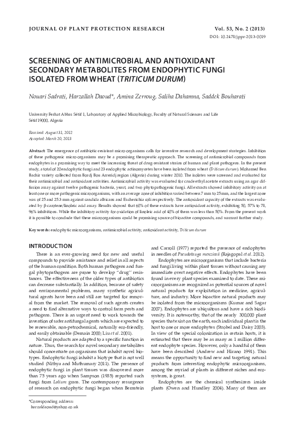 (PDF) Screening of Antimicrobial and Antioxidant Secondary Metabolites ...