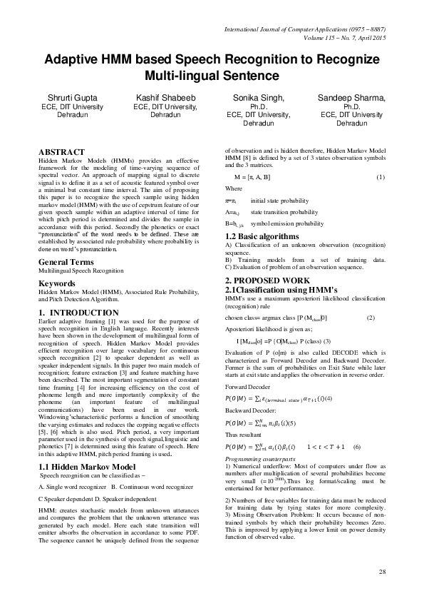 (PDF) Adaptive HMM based Speech Recognition to Recognize Multi-lingual ...