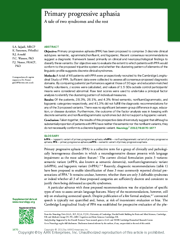 (PDF) Primary progressive aphasia: A tale of two syndromes and the rest
