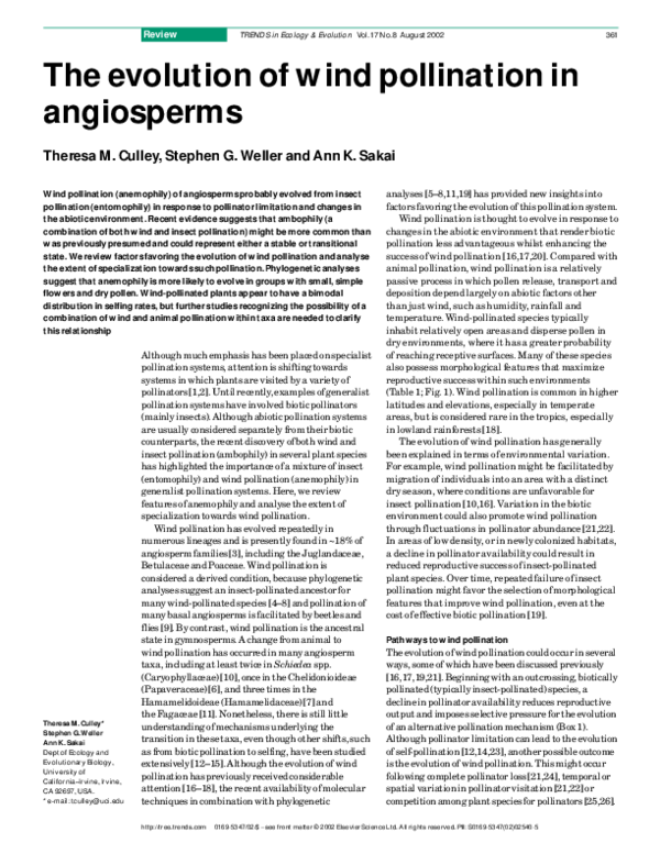 (PDF) The evolution of wind pollination in angiosperms Ann Sakai