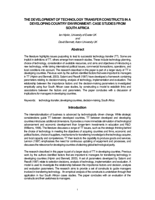(PDF) The development of technology transfer constructs in a developing ...