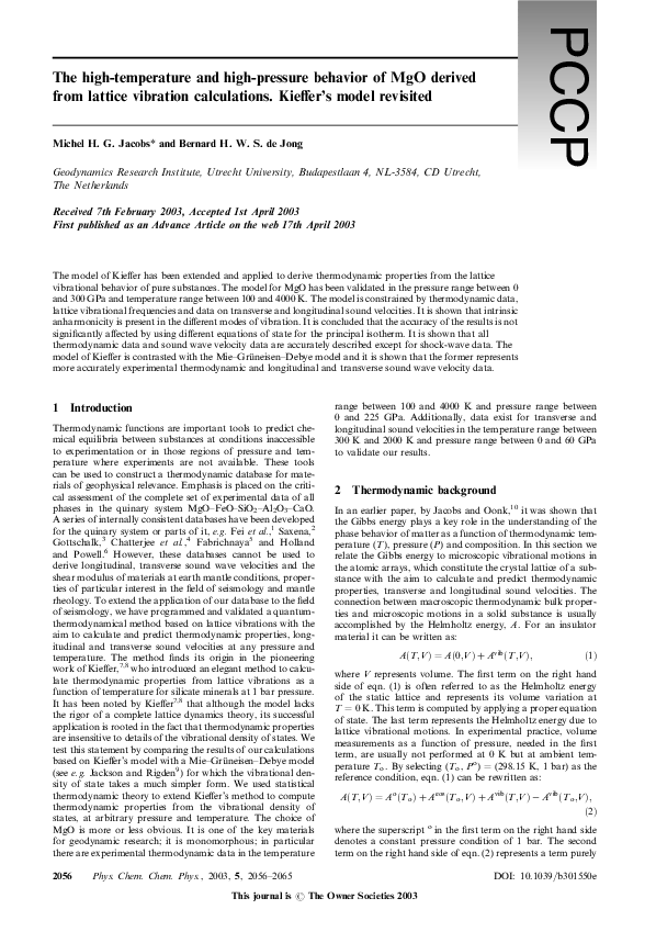 (PDF) The high-temperature and high-pressure behavior of MgO derived ...