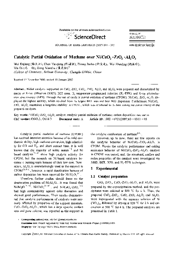 (PDF) Catalytic partial oxidation of methane over Ni/CeO 2-ZrO 2-Al 2 O 3