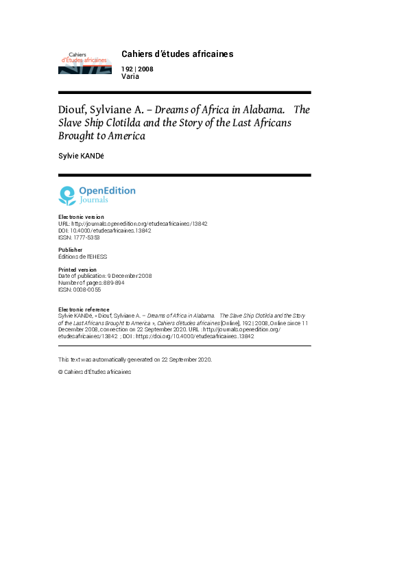 (PDF) Diouf, Sylviane A. – Dreams of Africa in Alabama. The Slave Ship ...